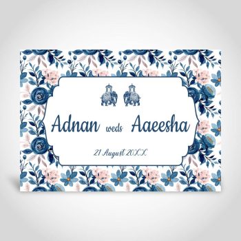 Muslim wedding invitation card, blue and pink themed floral with elephants