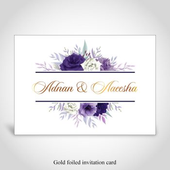 Islamic wedding invitation card, purple floral theme with gold foiling