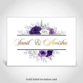 Hindu wedding invite, purple floral with gold foiling