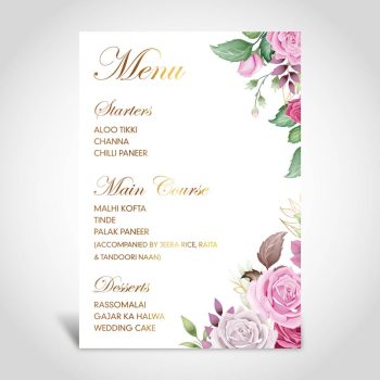 Floral and gold foiled wedding menu card