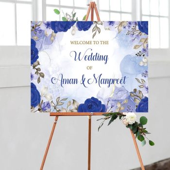 Wedding welcome board, blue floral theme