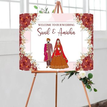 Wedding welcome sign with an illustration of a bride and groom, floral themed