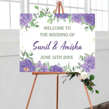 Purple floral wedding welcome board