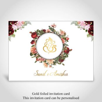 Hindu wedding invitation card with burgundy florals and gold foiling