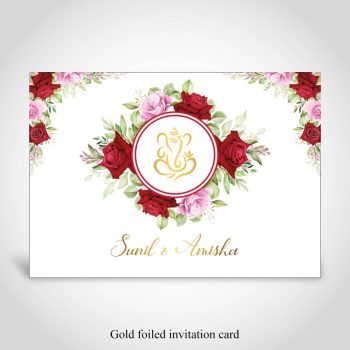 Hindu wedding card with floral design and gold foiling