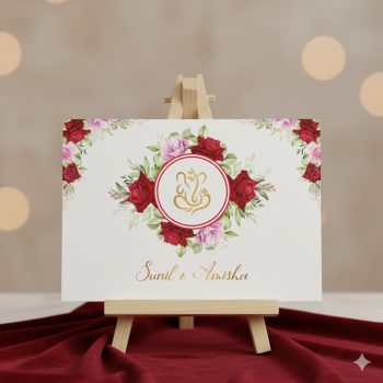 Gold foiled Ganesh Hindu wedding invitation card with red and blush floral wreath on luxury Indian wedding card printed in the UK