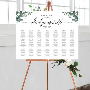 Wedding seating plan with eucalyptus borders