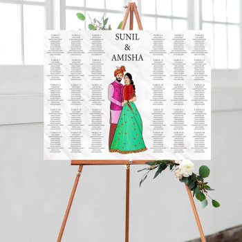Wedding seating chart with an illustration of a couple with a marble effect background
