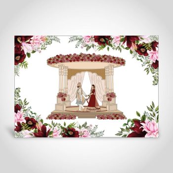 Hindu wedding card with the couple doing phera around the mandap