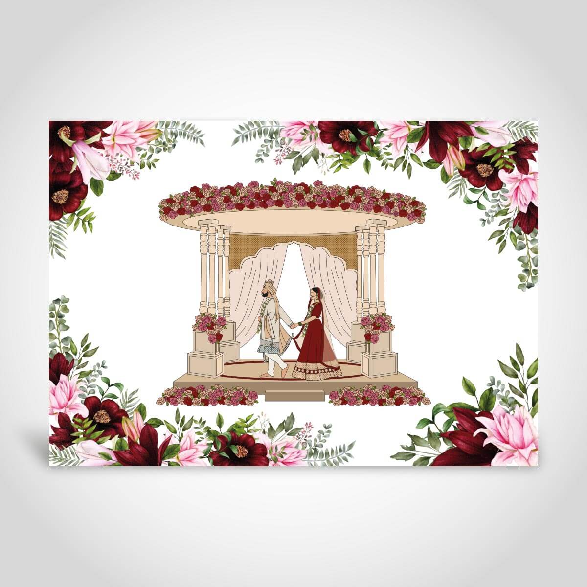 Hindu Wedding Invitation with Couple and Mandap, Floral Borders – CFK359