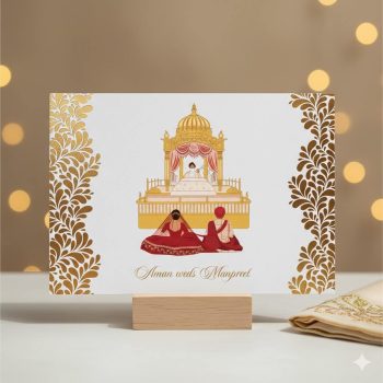 Gold foiled Sikh wedding invitation card with Anand Karaj