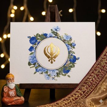 Luxury Sikh wedding invitation card featuring a gold foiled Khanda symbol surrounded by a blue floral rose wreath on a wooden easel.