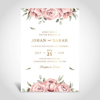 Flower wedding invitation, baby pink, gold foiled