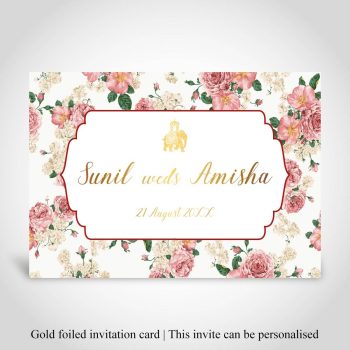 Floral background, gold foiled hindu wedding invitation