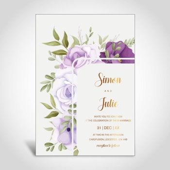 Purple floral wedding invitation with gold foiling
