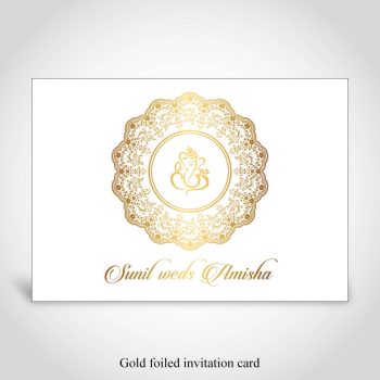 Gold foiled floral frame Hindu wedding invite with Ganeshji