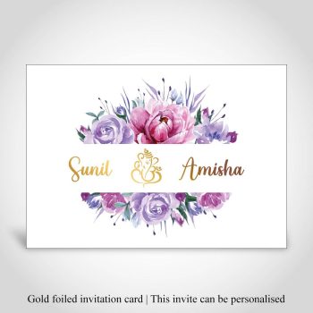 Purple watercolor floral invite with split frame. Ganesh and names of couple are foiled in gold in the middle.
