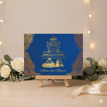 Royal blue Sikh wedding card featuring gold foil illustration of Anand Karaj ceremony and Palki Sahib