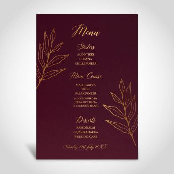 wedding table menu floral dark red card gold foiled