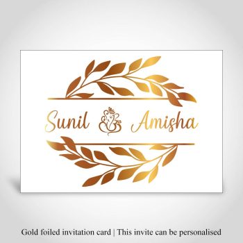 Split leaves gold foiled Hindu wedding card with Ganeshji.