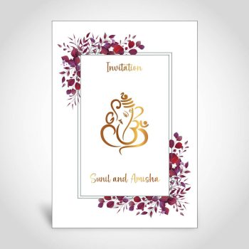 Red floral hindu wedding invite with gold foiled ganeshji, personalised with the names of the couple, foiled in gold.