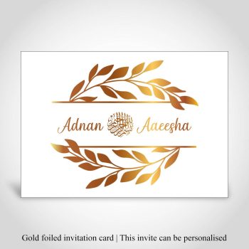 Split leaves gold foiled Muslim wedding card with Bismillah.