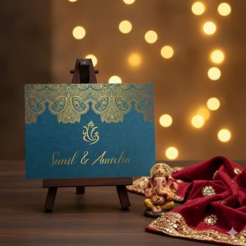 Teal Hindu Wedding Card with Gold Foiling, A5 size