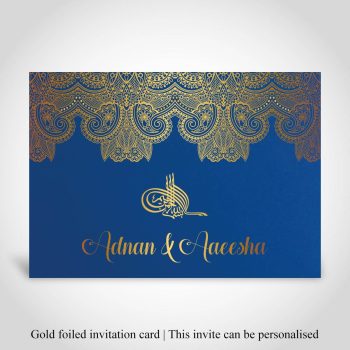 Islamic wedding invitation card, blue, gold foiled, A5 size
