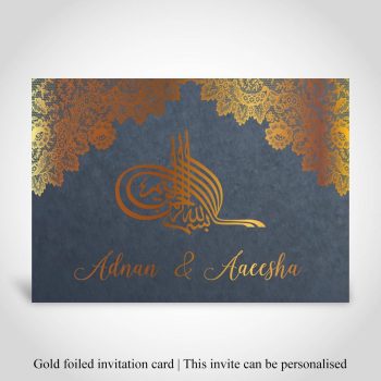 Pakistani wedding card, gold foiled on navy card