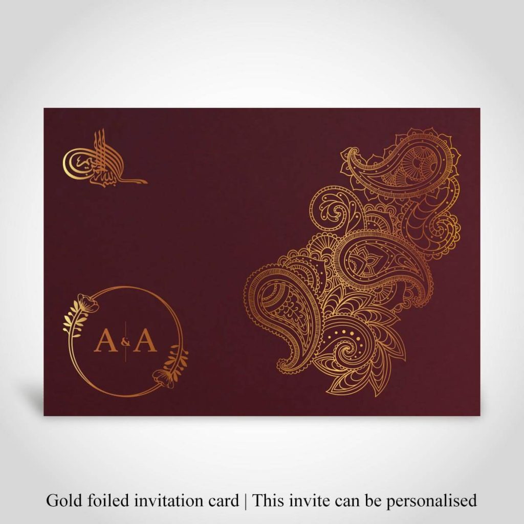 muslim-wedding-card-dark-red-gold-foiled-cfm4863 Muslim wedding card, pailsey, gold foiled, A5 size