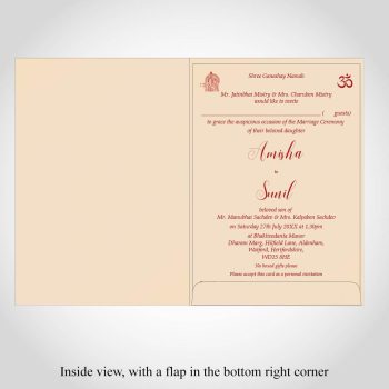 Hindu wedding insert, pearl cream card, dark red print. Inside view.