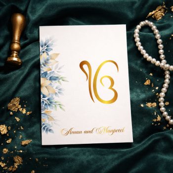 Sikh wedding invite, gold foiled Ek Onkar, white card