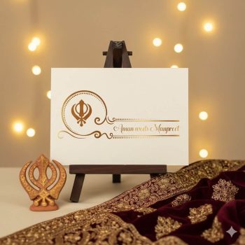 Cream and gold foil Sikh wedding invitation card featuring a Khanda symbol and elegant calligraphy.
