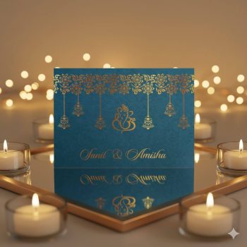Teal and gold foiled wedding invitation card featuring a Ganesha motif and personalised couple names