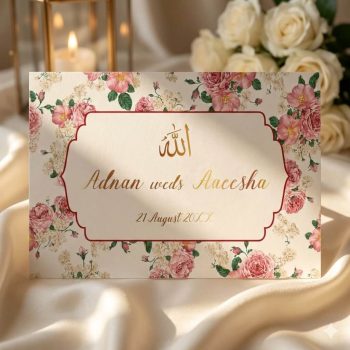 Vintage pink floral Muslim wedding invitation card featuring gold foil text and Arabic calligraphy for Allah.