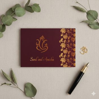 Deep maroon Hindu wedding invitation card featuring a gold foil Lord Ganesha symbol and elegant floral border patterns.