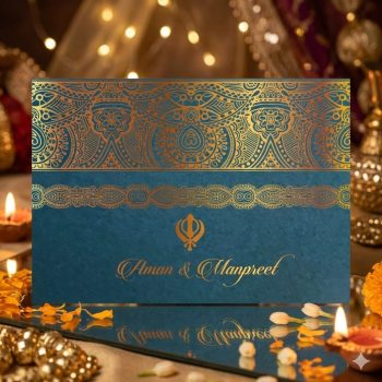 Luxury teal and gold Sikh wedding invitation card featuring intricate gold foil mandala patterns and a central Khanda symbol for Anand Karaj ceremony.