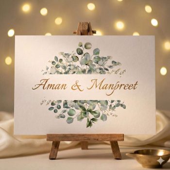 White personalised Sikh wedding invitation card featuring watercolour green eucalyptus leaves and the names Aman and Manpreet in elegant gold foil lettering.