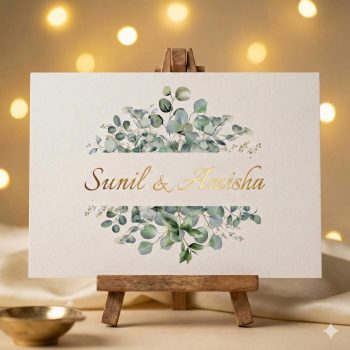 Fully customisable gold foil and eucalyptus invitation, perfect for a modern Shaadi.