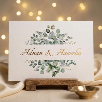 White Muslim wedding invitation card featuring a watercolor eucalyptus greenery border with personalized gold foil text reading Adnan and Aaeesha.